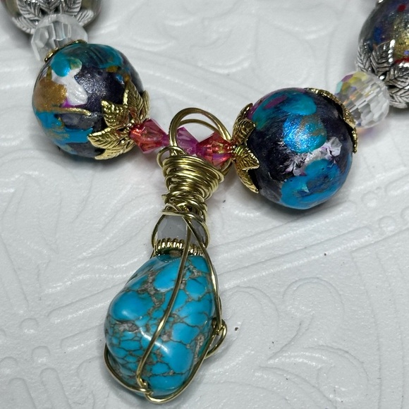 Artisan Blue and Gold Bracelet with Intricate Beadwork Hand Painted OOAK 0778 G - Picture 7 of 8